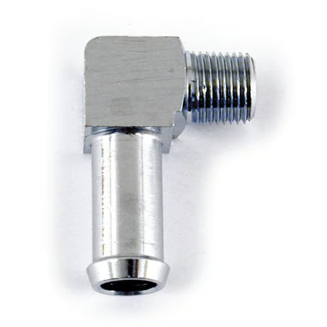 Oil line fitting, 90 degree. 1/8"-27 NPT to 3/8". Chrome Item No: 502385
