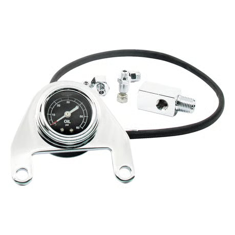 Oil pressure gauge kit rocker box, 0-60 PSI. Chrome Item No: 515322