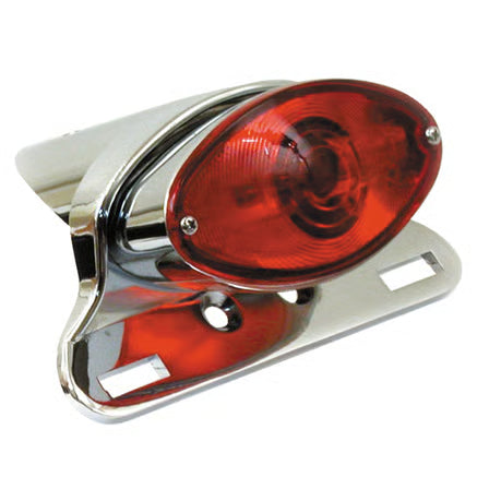 Cateye taillight. Die-cast housing w/bracket. Chrome Item No: 901849