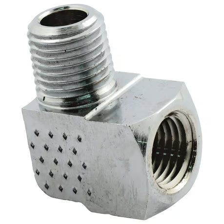 Adapter oil line fitting, 90 degrees. 1/4" NPT. Chrome Item No: 905376