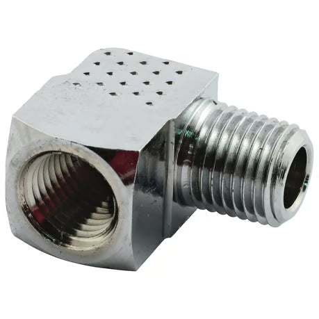 Adapter oil line fitting, 90 degrees. 1/4" NPT. Chrome Item No: 905376