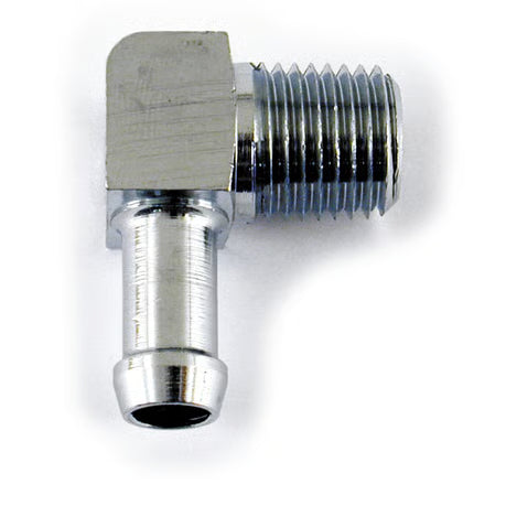 Oil hose fitting, 90 degrees. 1/4" NPT to 5/16". Chrome Item No: 908870
