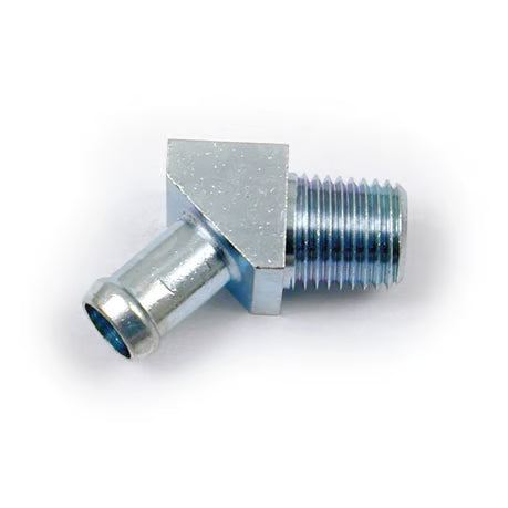 Oil hose fitting, 45 degrees. 1/4" NPT to 3/8". Chrome Item No: 930281