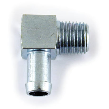 Oil hose fitting, 90 degrees. 1/4" NPT to 3/8". Chrome Item No: 930487
