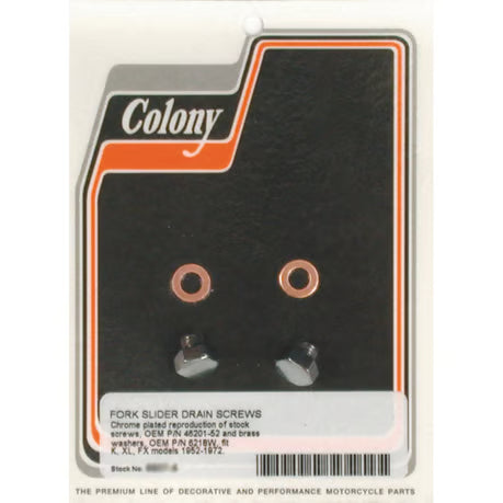 Colony, fork slider drain screws. Chrome Item No: 989725