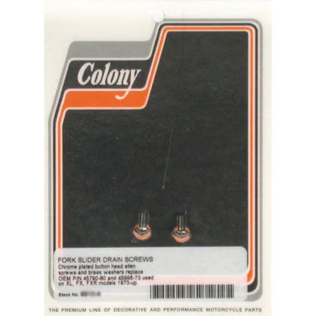 Colony, fork slider drain screws. Chrome Button Head Item No: 989728
