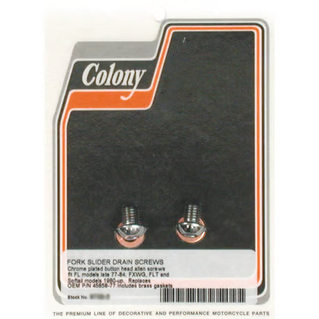Colony, fork slider drain screws. Chrome Button head Item No: 989729