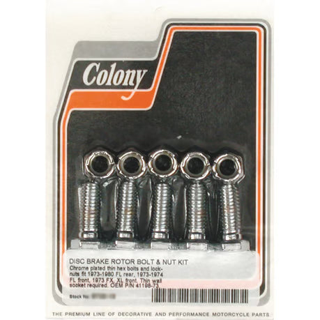 Colony, front/rear brake rotor bolt & nut kit. Chrome hex Item No: 989934